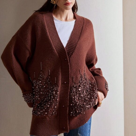 Coffee Brown Sequin and Faix Pearl detailed Women's Oversized sweater Cardigan - Picture 1 of 8